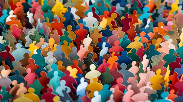 Vibrant and Diverse Community of Paper Figures Representing Unity Diversity and Inclusion with Colorful Shapes and Sizes, Symbolizing Harmony Among Individuals of Different Backgrounds