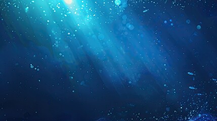 Obraz premium Abstract blue background with bokeh lights and underwater effect, glitter particles on dark ocean water texture. Abstract illustration of deep sea background 