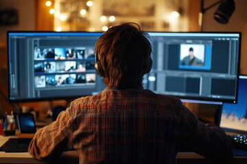 video editor wearing headphone and editing video on two desktop screen 