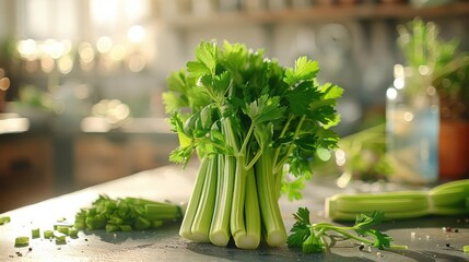 An array of fresh vegetables, including celery and onions,