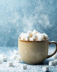 cup of hot cocoa with lots of white fluffy marshmallow on top, snowy background 