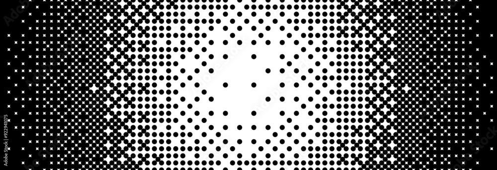 Poster Bitmap radial gradient texture. Black and white dither circle pattern background. Fading pixelated glitch pattern. 8 bit video game screen wallpaper. Vanishing round pixel art retro backdrop. Vector