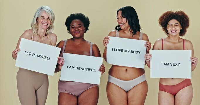 Beauty, diversity or body positivity poster for women in portrait, natural or dancing by studio background. Motivation banner, self love or confident in underwear, empowerment or friends smile