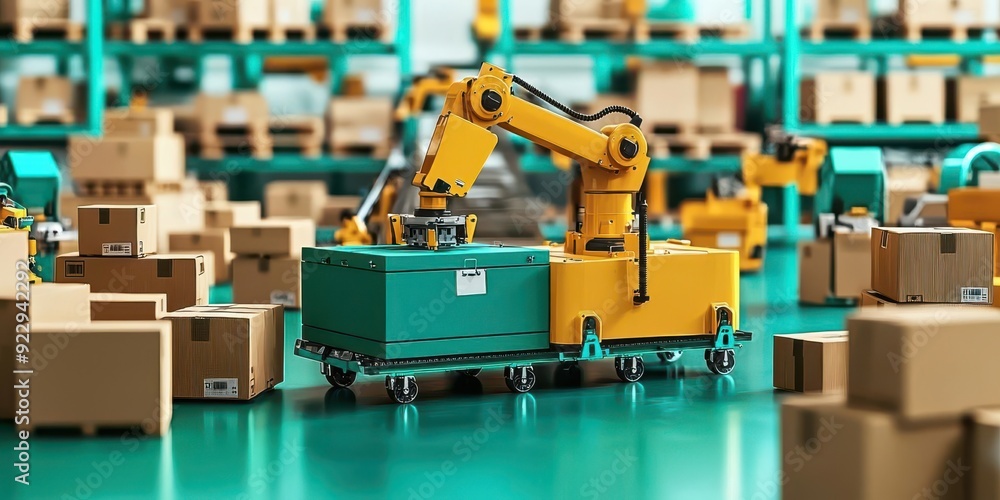 Poster a robotic arm handling packages in a modern warehouse showcasing automation and efficiency in logist