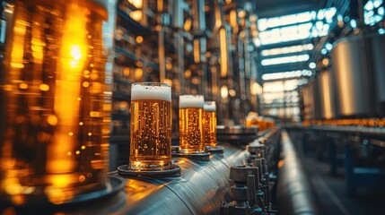 Golden beer glasses on a production line in a brewery showcasing the brewing process and industrial elegance