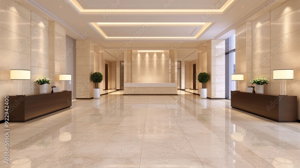 Poster luxurious hotel lobby with warm lighting deep depth of field and elegant architectural details creat