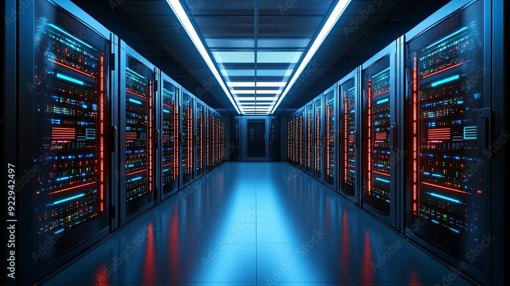 Poster data center with rows of servers glowing with vibrant led lights indicating real-time data processin