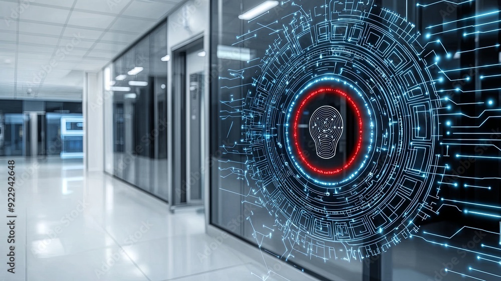 Aufkleber ai-enhanced security system scanning biometric data in a high-tech corporate lobby, copy space for t
