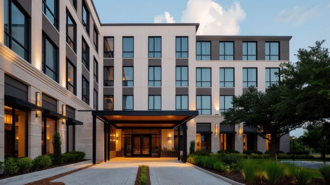 This image showcases the impressive architecture and design of a modern hotel building  The high rise structure features a sleek contemporary facade with extensive glass windows and a stylish