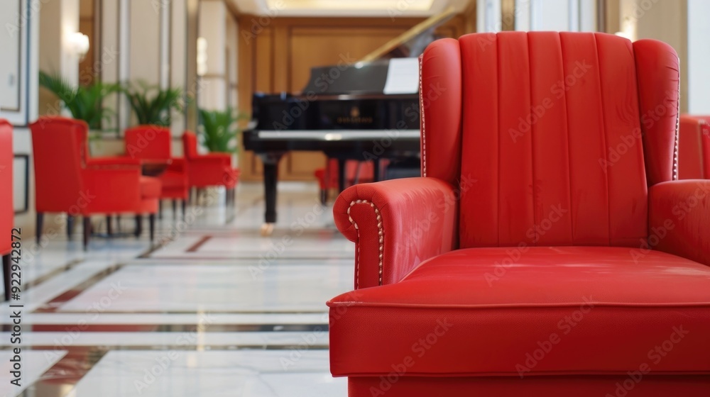 Poster Elegant and Luxurious Hotel Lobby Setting with Soft Piano Music Playing in the Background Creating a Warm and Inviting Atmosphere for Guests to Relax and Unwind