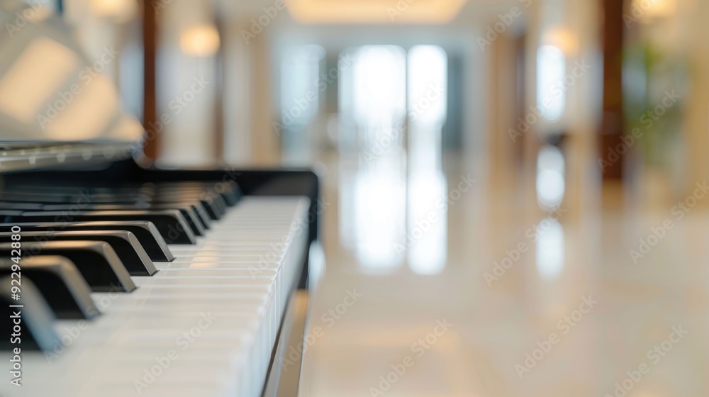Poster elegant and serene hotel lobby setting with soft background music creating a tranquil and inviting a