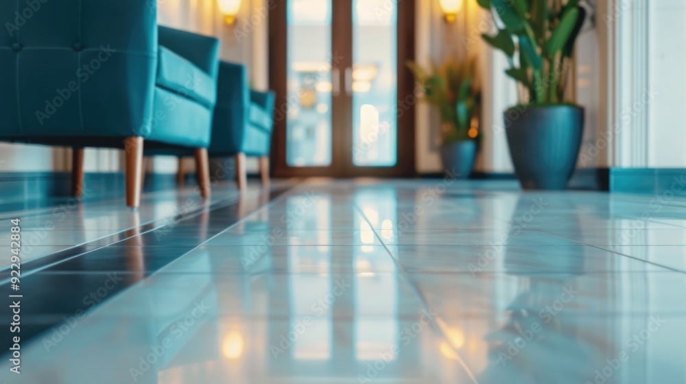 Poster cozy and inviting hotel lobby with soft background tunes and blurred depth of field creating a calmi