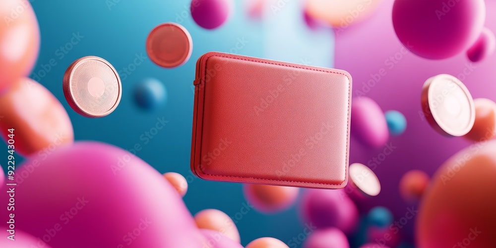 Poster abstract 3d floating red square with colorful spheres and pastel background for design and presentat