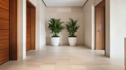 Fototapeta premium Chic and Minimalistic Hotel Lobby Entrance with Elegant Wooden Doors Potted Plants and Marble Floors Creating a Sophisticated and Inviting Atmosphere