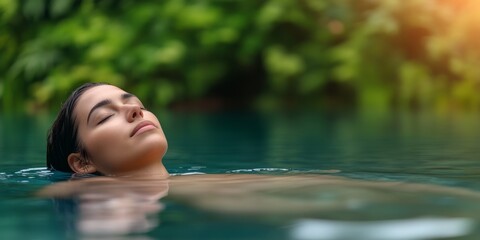 Fototapeta premium serene woman floating in a tranquil pool with lush green foliage background - relaxation, meditation, spa, wellness, water