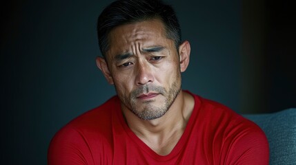 Obraz premium Asian Man Massaging Sore Muscles On The Sofa, Dealing With Back Pain