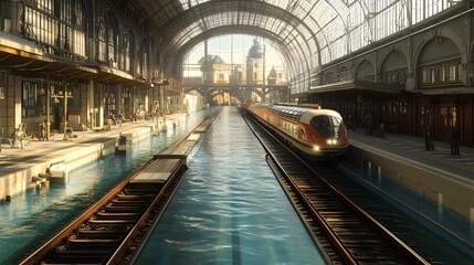 Obraz premium Surreal Aquatic Train Station with Boats on Canals instead of Trains