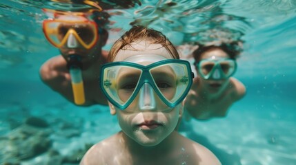 Underwater Family Diving Competition with Kids and Parents in Vibrant Dynamic Scene Captured with Depth of Field  Celebrating Teamwork Adventure and Joyful Aquatic