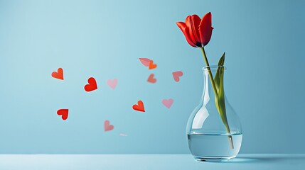 red tulip in transparent glass vase and paper hearts on blue background