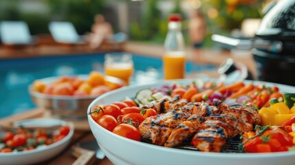 Obraz premium Vibrant outdoor pool barbecue scene with family members grilling swimming and socializing in a lush inviting backyard setting