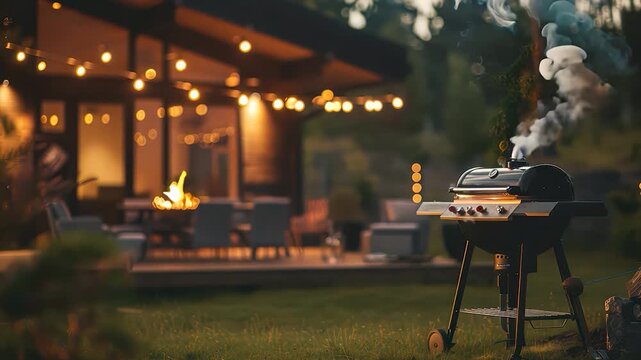 A black grill is on a wooden deck in front of a house