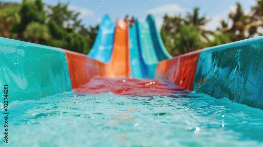 Poster exhilarating water slide adventures with colorful splashing fun as kids slide into the inviting pool