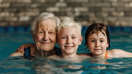 Fototapeta premium Grandparents and Grandchildren Joyfully Swimming Together in the Pool Capturing the Warmth and Closeness of Family Bonding during a Leisure Activity