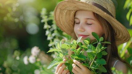 A young girl gardener in a straw hat holds a bouquet of harvested fresh mint and inhales its wonderful menthol scent, a woman is harvesting in the garden.