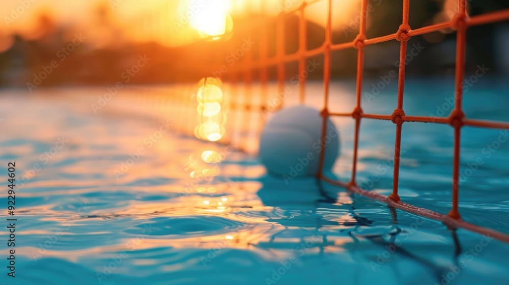Poster vibrant sunset backdrop adds dynamic energy to an intense poolside volleyball game with a net and ba