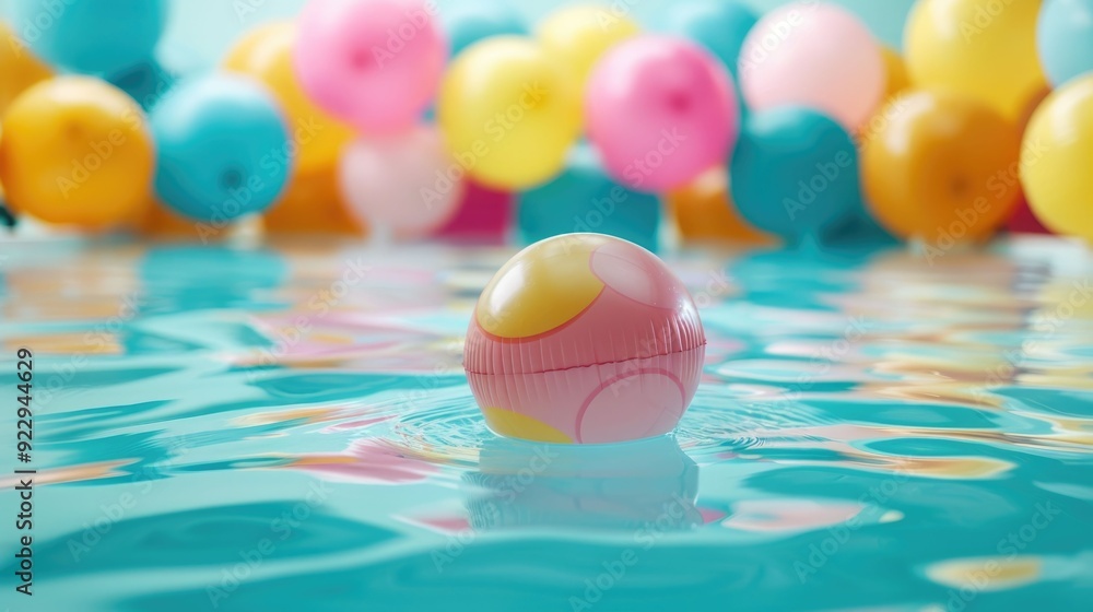Poster vibrant and playful children s pool party scene with colorful floating orbs on the water s surface c