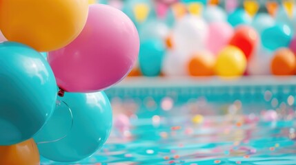 Vibrant and festive children s pool party with colorful toys and a deep depth of field creating a joyful playful atmosphere for summer fun and
