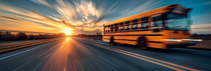 A school bus traveling quickly on a rural road in the sun. Generative Ai