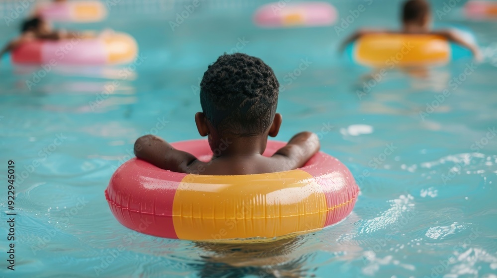 Poster vibrant inflatable floats water noodles and children happily playing and splashing in a refreshing s