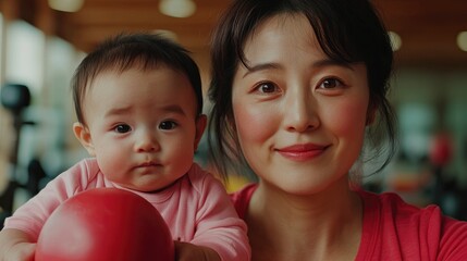 Asian Mother Working Out Post-Delivery With Her Newborn Baby, A Moment Of Strength