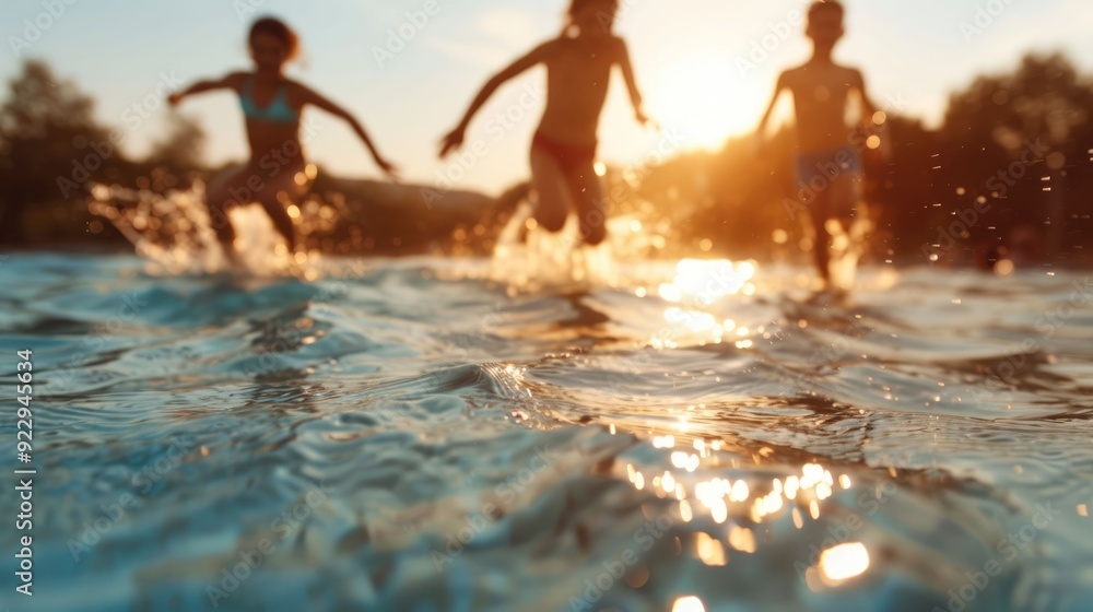 Poster happy family members jumping and splashing in a refreshing pool during a warm summer sunset creating