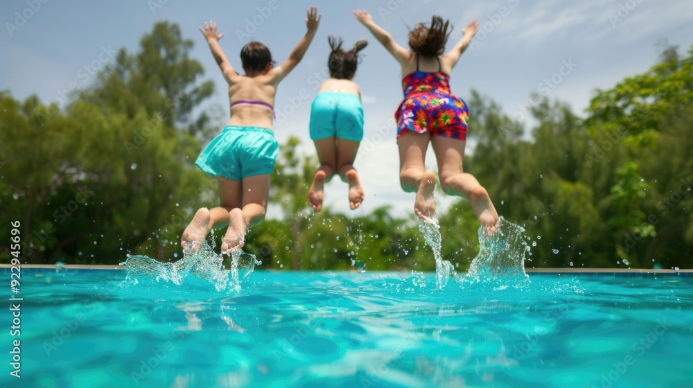 Poster joyful and energetic family members leaping and splashing into a refreshing pool creating a dynamic 