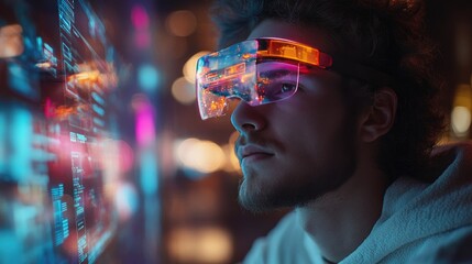 Young man wearing futuristic AR glasses exploring virtual data in vibrant technology setting