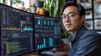 Focused Software Developer Analyzing Data on Multiple Monitors in Modern Workspace