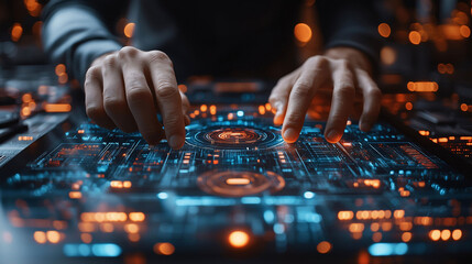 Businessman using AI-powered tablet to analyze complex real-time data sets, with a digital interface overlay showcasing key insights and trends. 