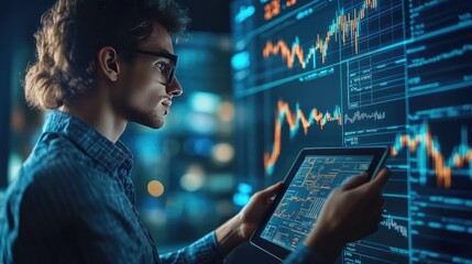 Young professional analyzing financial data on tablet with digital charts in modern office