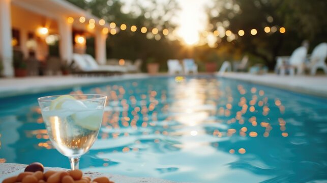 Laidback evening pool party with family and friends enjoying a festive atmosphere Blurred background with pools lighting and drinks create a cozy inviting scene for social gathering and relaxation