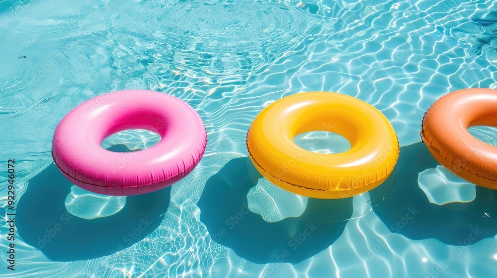 Poster colorful and vibrant inflatable pool floats in a refreshing blue pool perfect for relaxing unwinding