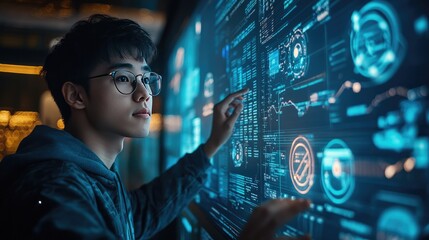 Young Professional Engaged in High-Tech Data Analysis on Interactive Digital Screen