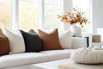 Modern house interior living room sofa with brown chunky knit pillows