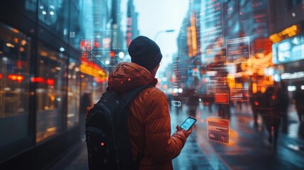 Urban Exploration Through Augmented Reality: Man Navigating City Streets with Futuristic Interface