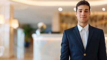 Friendly Hotel Concierge Standing at the Front Desk and Providing Tourist Advice and Assistance to Guests in the Hotel Lobby
