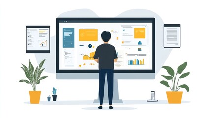 Businessman Analyzing Data on Large Interactive Screen with Charts and Graphs