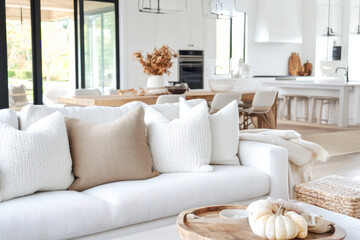 Modern house interior living room sofa with white chunky knit pillows