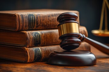 Obraz premium Judge’s Gavel Resting on Wooden Desk with Stack of Law Books – Symbol of Justice, Legal Authority, and Courtroom Decisions