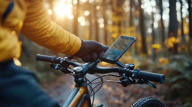 Cyclist Navigating Forest Trail with GPS Smartphone on Mountain Bike Handlebar